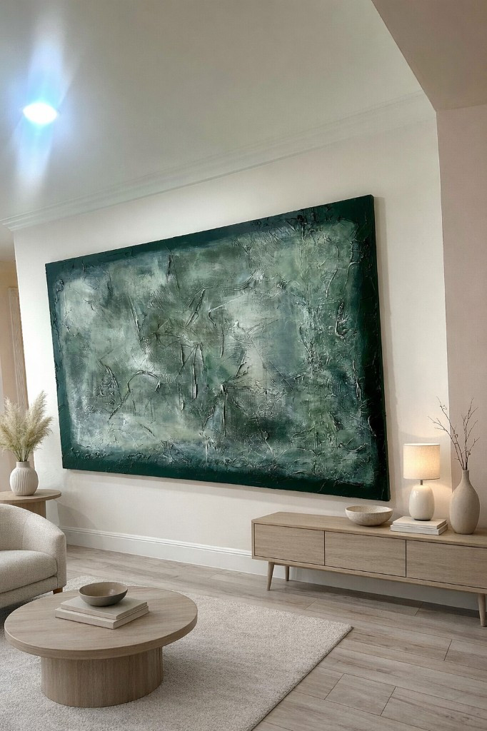 Fort Lauderdale Residence: living room with large-scale abstract painting and organic modern furnishings